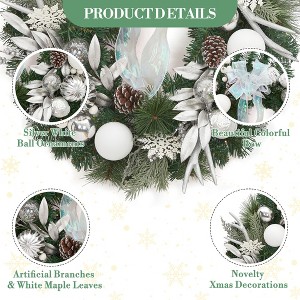 Front Door Christmas Wreath, 24 Inch Lighted Christmas Wreath with Silver and White Balls and Bows, 20 Lights for Walls, Windows, Outdoor Decorations - 1 of 4