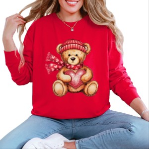 Valentine Teddy Bear Beanie - Women's Garment Dyed Long Sleeve Graphic T-Shirt - 1 of 4