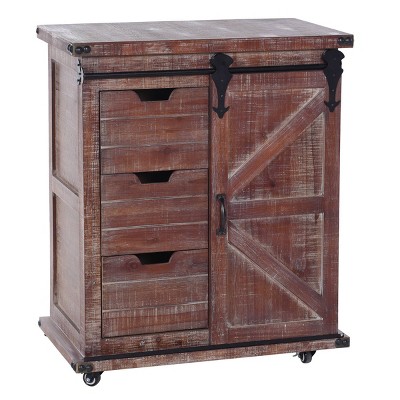 Graham Cart Cabinet Natural/Black - StyleCraft: Rustic 1-Door, 3-Drawer Storage on Locking Wheels