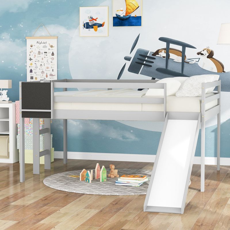 Full Size Wooden Loft Bed with Slide, Stair and Chalkboard - ModernLuxe, 2 of 13