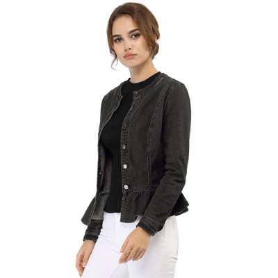 INSPIRE CHIC Women's Peplum Collarless Round Neck Button Down Cropped Ruffle Hem Denim Jackets Small Black — фото 3