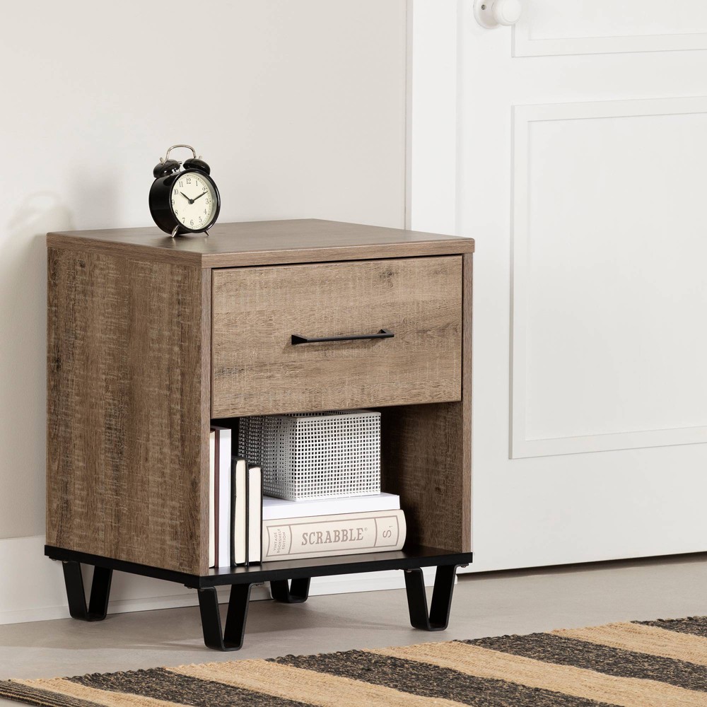 Arlen 1 Drawer Kids' Nightstand Weathered Oak - South Shore: Mid-Century Modern, Farmhouse, Modern, Storage Compartment