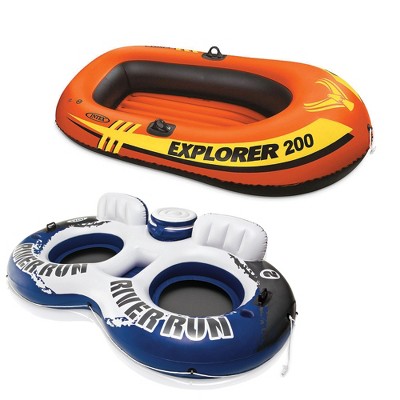 Explorer Inflatable PVC Boat Raft Bundled w/ Inflatable 2 Person Pool Tube Float