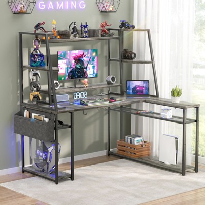 Aheaplus L Shaped Gaming Desk with Hutch & Shelves & LED Lights & Charging Station