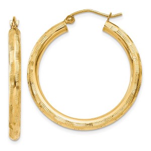 Black Bow Jewelry 3mm x 30mm 14k Yellow Gold Textured Round Hoop Earrings - 1 of 4