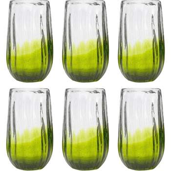 Amici Home Baja Authentic Mexican Handmade Hiball Glasses, Set of 6,  16-Ounce, Vibrant Color Rim, Set of 6,Aqua Rim