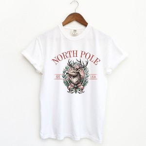 Simply Sage Market Women's North Pole Reindeer Oval Wreath Short Sleeve Garment Dyed Tee - 1 of 4