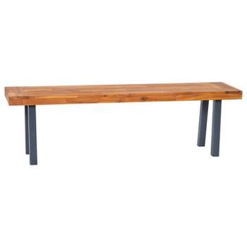 Flash Furniture Martindale Solid Acacia Wood Patio Dining Bench for 2 with Slatted Top and Black Flared Wooden Legs in a Natural Finish
