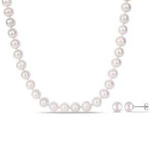 EVERLY JEWELRY | Sterling Silver 2-Piece Set 8-10mm Cultured Freshwater Pearl Strand Necklace and Stud Earrings, 18 inc - 1 of 4