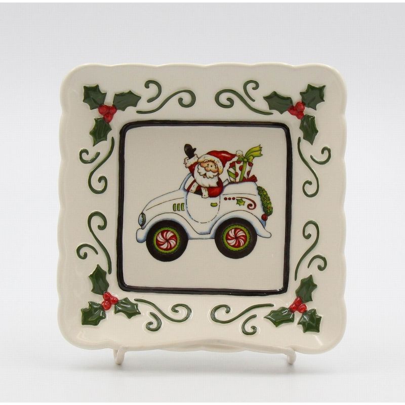 Kevins Gift Shoppe Ceramic Santa Is Coming To Town Driving Car Square Plate Set Of 3, 1 of 5
