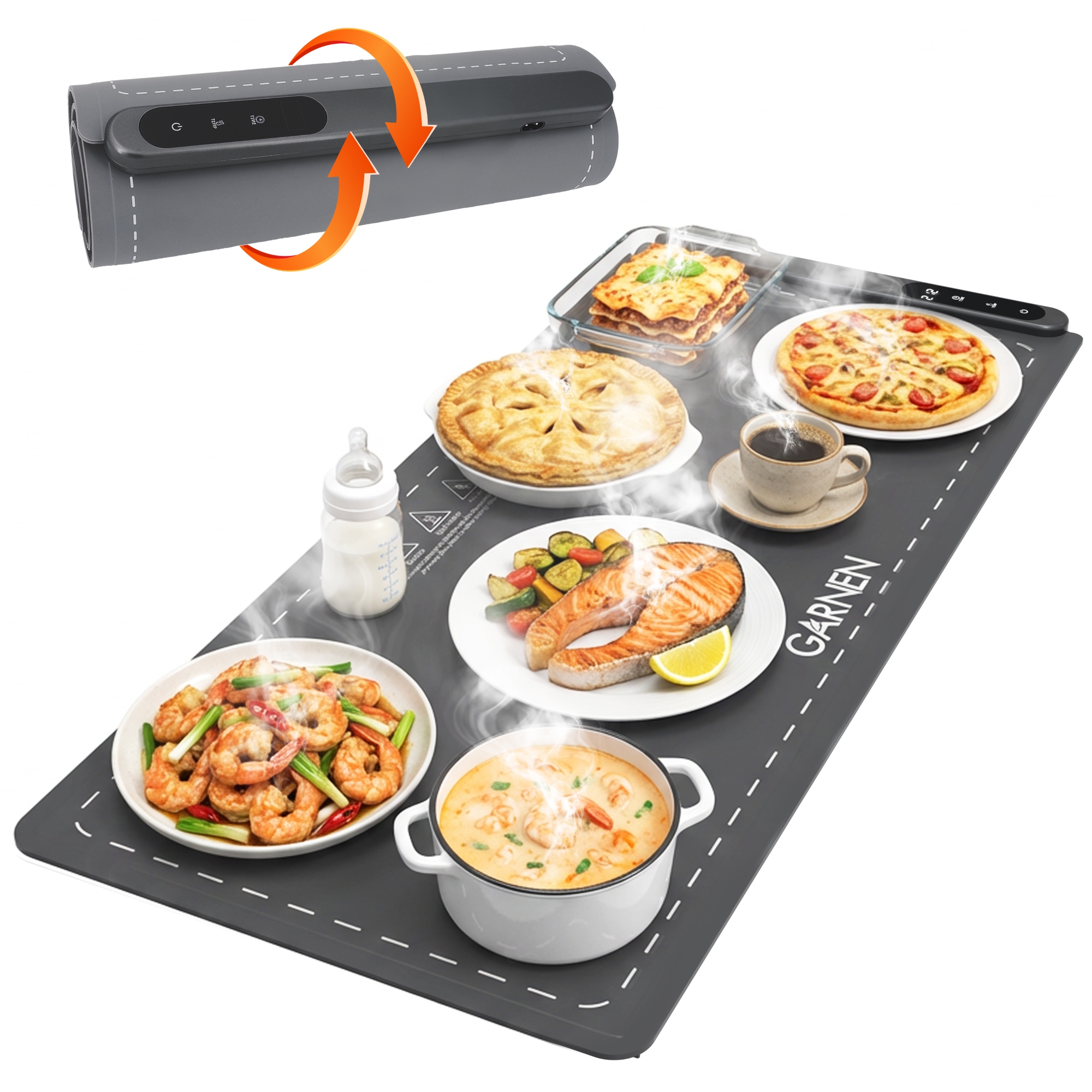 Garnen 6-Temp Electric Food Warming Mat for Food, 36"x16" Silicone Food Warmer, 6 Timer Roll Up Graphene Heating Mat for Food Countertop Warming Mat