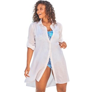 Swim 365 Women's Plus Size Button-Front Swim Cover Up - 1 of 4