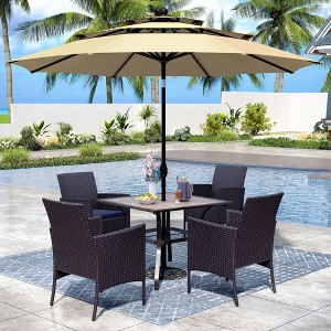Captiva Designs 6pc Patio Slat-top Black Dining Table & Crescent Arm Rattan Chairs & Market Umbrella - 1 of 4