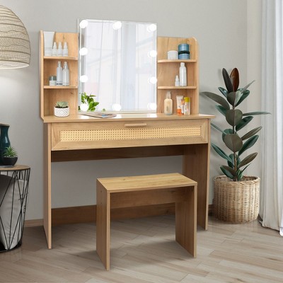 Vanity Desk Set Stool & Dressing Table with LED Lighting, Mirror Drawer and Compartments Modern Wood Cosmetic Table Chest of Drawers