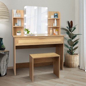 Vanity Desk Set Stool & Dressing Table with LED Lighting, Mirror Drawer and Compartments Modern Wood Cosmetic Table Chest of Drawers - 1 of 4