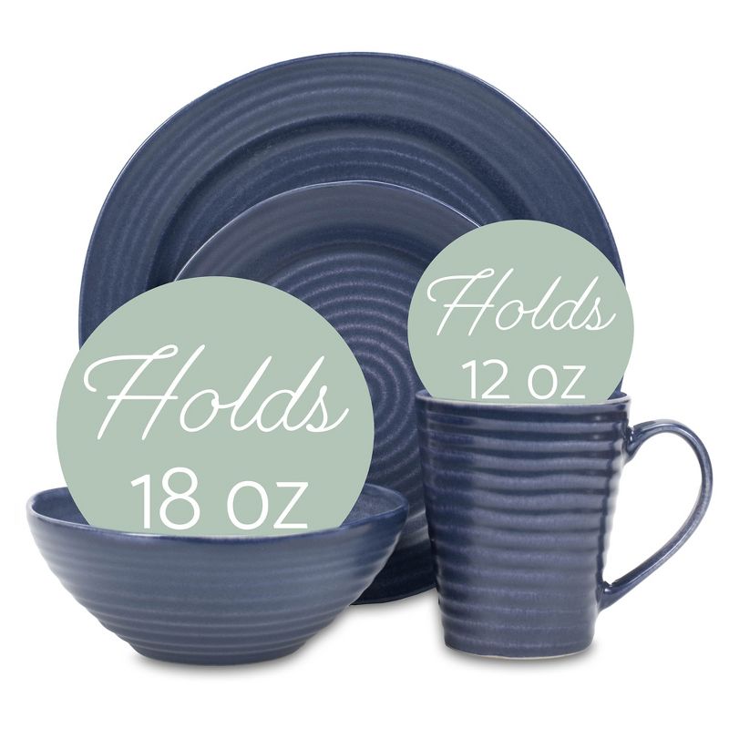 Elanze Designs Chic Ribbed Modern Thrown Pottery Look Ceramic Stoneware Plate Mug & Bowl Kitchen Dinnerware 16 Piece Set - Service for 4, Navy Blue, 2 of 7