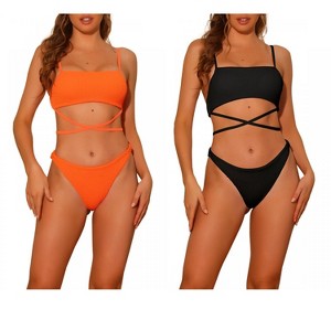 Elerevyo Women's Sporty Ribbed Bikini Lace-up Adjustable Spaghetti Straps Swimwear Bathing Suits 2 Pieces 2 Sets - 1 of 4