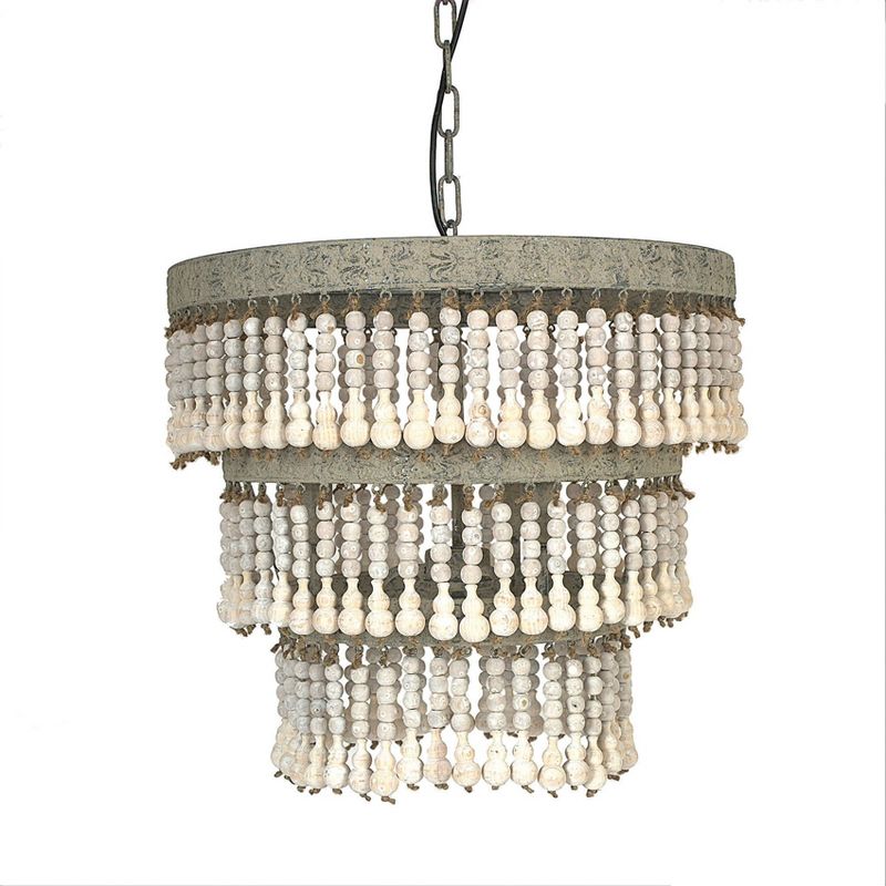 3-Tier Round Metal Chandelier with 3 Lights and Hanging Wood Beads Cream - Storied Home, 3 of 21