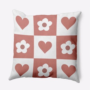 16"x16" Valentine's Day Heart and Flowers Grid Square Throw Pillow Rusty Mauve - e by design: Indoor Decorative Cushion, Twill Fabric - 1 of 4