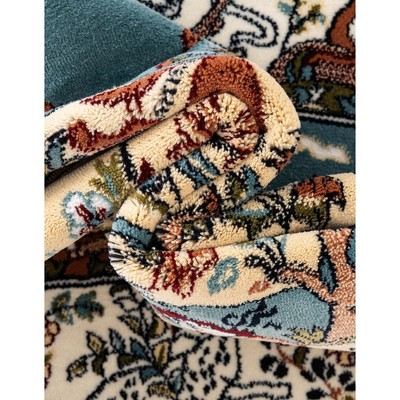 Tan and Blue Synthetic Low Pile Rectangular Area Rug