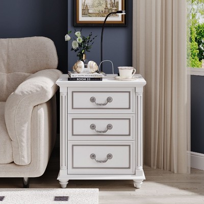 Vlsrka Farmhouse Nightstand with Hidden Compartment, 3 Drawers, LED Light, Motion Sensor & Charging Station
