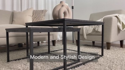 Fort Worth Brown Wood and Black Metal Square Nesting Coffee Tables
