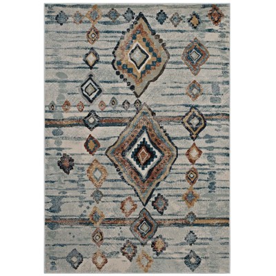 Modway Jenica Distressed Moroccan Abstract Diamond 5x8 Area Rug - Silver Blue/Beige/Brown,  Two-Ply Polypropylene Yarn ,  Tight Low Pile Weave