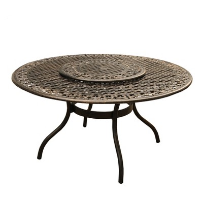 59&#34; Round Ornate Traditional Outdoor Mesh Lattice Aluminum Dining Table with Lazy Susan - Bronze - Oakland Living