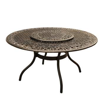 59" Round Ornate Traditional Outdoor Mesh Lattice Aluminum Dining Table with Lazy Susan - Bronze - Oakland Living