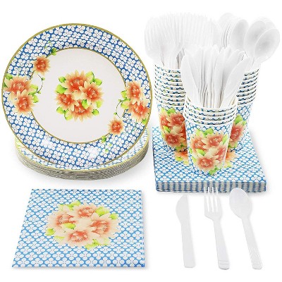 Blue Panda 144-Piece Serves 24 Blue Floral Party Supplies, Disposable Plate, Napkin, Cup & Cutlery