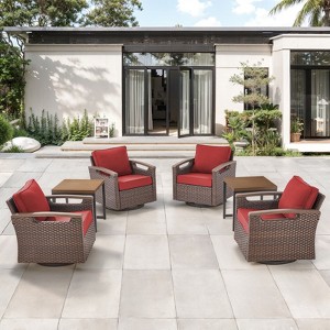 Belord Swivel Patio Chairs Swivel Rocker Set of 4 with 2 Side Tables, Brown Wicker Metal Armrest Small Patio Furniture Set Swivel Glider Chairs - 1 of 4