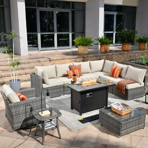 Venice 10pc Wicker Outdoor Patio Furniture Set Conversation Sofa with a Metal Fire Pit, Swivel Chair and Cushions - 1 of 4