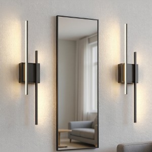 DORESshop 24 in. 2-Light Black Dimmable Wall Sconce Set of 2, Modern Double Rod Wireless Wall Lights for Bedroom Living Room - 1 of 4