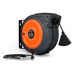 SuperHandy Mountable Retractable Extension Cord Reel - 16AWG x 50' Ft, 3 Grounded Outlets, Max 10A - 1 of 4
