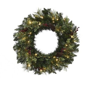 Perfect Holiday 24" Pre-lit Jasper Mixed Pine Wreath with Pine Cones & Red Berry Clusters - 1 of 3