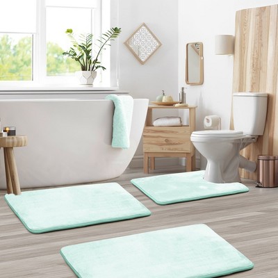 Light Blue Velvet Memory Foam 3-Piece Bath Rug Set