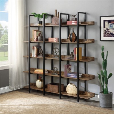 YONWAY 5 Tier Bookcase Home Office Open Bookshelf, Vintage Industrial Style Shelf with Metal Frame, MDF Board for Living room or Bedroom
