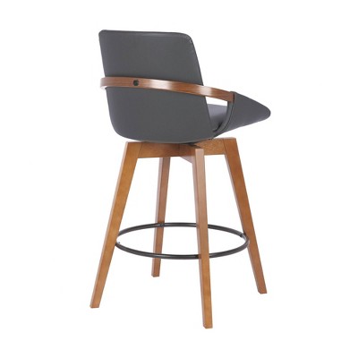 Gray Faux Leather and Walnut Wood Swivel Bar Stool
