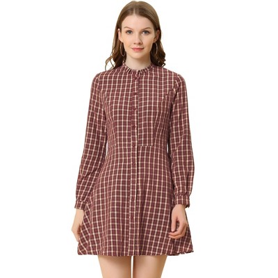 Allegra K Women's Vintage Check Plaid Ruffle Neck Button Down Long Sleeve A-Line Dress