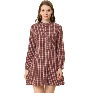 Allegra K Women's Vintage Check Plaid Ruffle Neck Button Down Long Sleeve A-Line Dress - 1 of 4