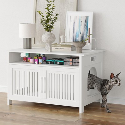 FURNIinspire Pet Crates and Houses Modern Hidden Cat Litter Box Cabinet Enclosure Furniture with Storable Top for Home, White, 31.5"*19.8"*19.7"