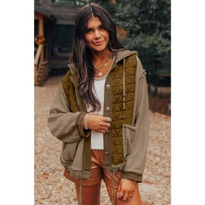 Jungle Green Quilted Textured Patchwork Loose Fit Hooded Jacket - 1 of 1