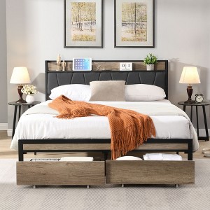 CAVINAS Queen/Full Size Metal Platform Bed Frame with Upholstered Headboard,Bedframe for Living Room,2 USB Ports,Optional Drawers,No Box Spring Needed - 1 of 4