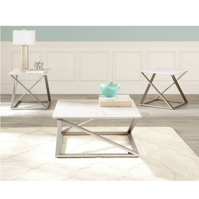 Zurich Square White Faux Marble and Metal End Table