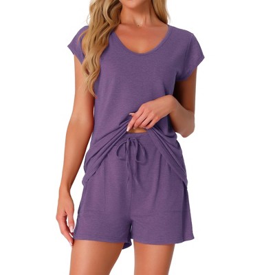 INSPIRE CHIC Women's 2 Piece Lounge Set Knit Short Sleeve Tee and Shorts Pajama Set with Pockets