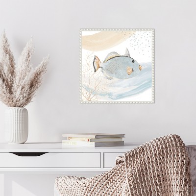 Ocean Oasis Blue Fish Canvas Art with White Beaded Frame