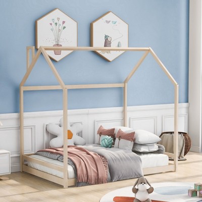 CAVINAS Twin/Full Size Wooden House-Shaped Bed Frame,Cute Floor Bed for Kids Room,Bedroom