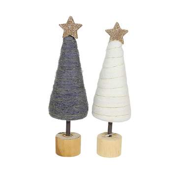 Tag Cream & Gray Cotton Candy Trees  -  Two Felt Trees Inches -  Gold Star Wood Base  -  G1207784  -  Wool  -  Multicolored