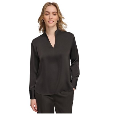 Calvin Klein Womens Satin Long Sleeve V Neck Pullover Blouse, Black, X-Small