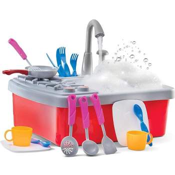 Kitchen Sink Toy 17 Set - Play Sink Pretend Toy With Running Water - Kids Toy Sink With Real Faucet & Drain, Dishes, Utensils & Stove - Play22usa